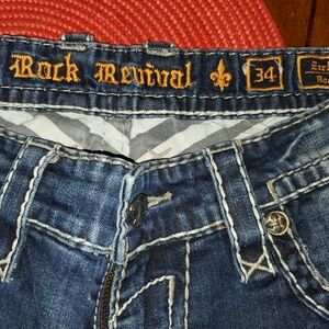 Rock Revival Dark Blue Jeans with Gold Stitching
